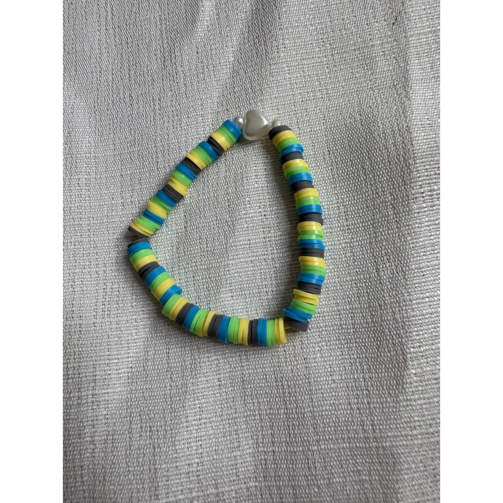 Handmade Heishi Clay Bead Stretch Bracelet Heart Accent Blue Green Yellow Multi